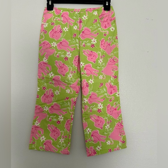 Lilly Pulitzer Kids Pink Elephant Green Cotton Capri Pants Size 10 - Picture 2 of 4